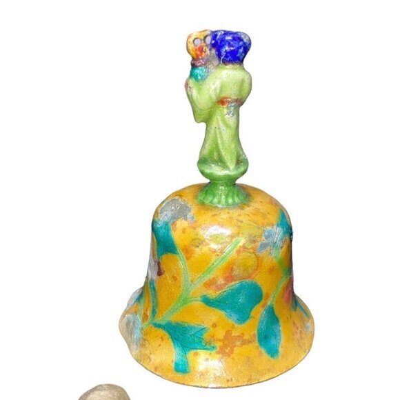 Vintage Hand-Painted Ceramic Bell With Floral Design & Figurine Handle - Picture 3 of 13